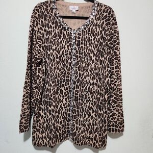 Quacker Factory 1X Leopard Print Cardigan Sweater Jeweled Boho C03-0030